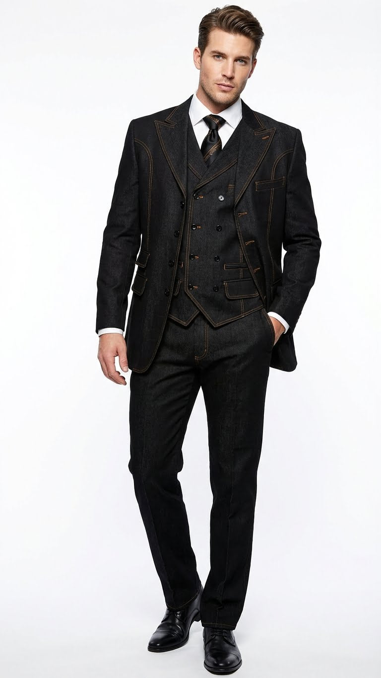 Men's Black Denim Fabric Suit – Classic Three Piece Denim Suit for Wedding, Prom and Church Wear - 34 Short or Extra Small