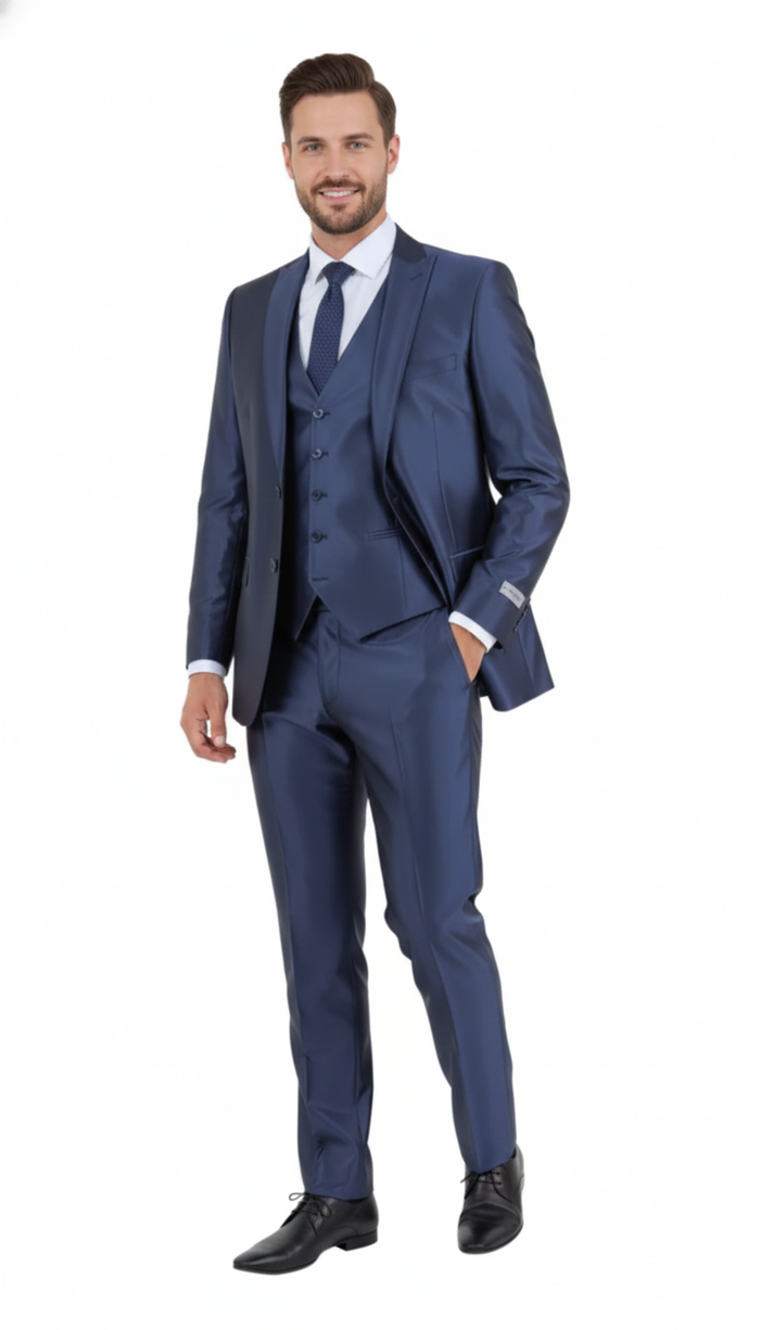 Mens Navy Blue Shiny Finish 3-Piece Suit Set Premium Tailored Fit Formal Wedding and Party Sateen Slim Fitted Suit