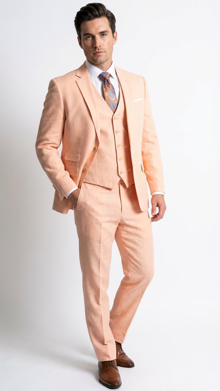 Men’s Light Peach 3 Piece Suit Set with Vest, Prom Wedding Dress Suit - 38 Short Jacket+32 Waist Adjustable 28to34)(Height: 5 4 to5 7 )(Neck  15-16.5)S-M)
