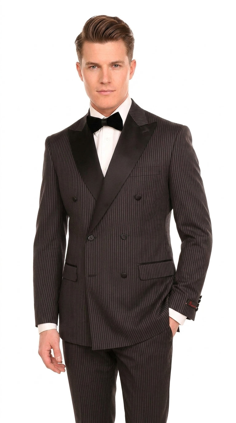 Men’s Double Breasted Suit – Classic Peak Lapel Formal Tuxedo Style Suit for Wedding in Black Ton on Tone Pinstripe - 34 Short or Extra Small