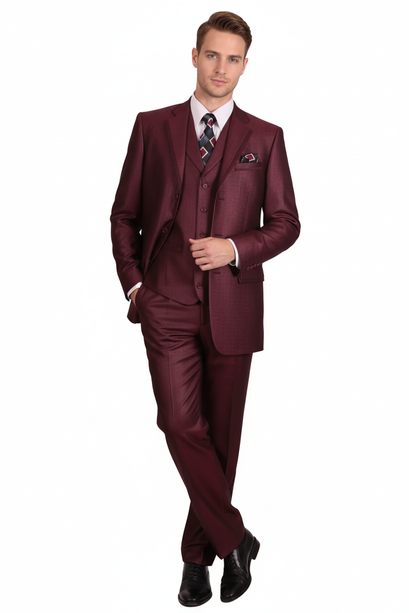 Menâ€™s Burgundy 3-Piece Suit â€“ Burgundy Three Buttons Vested Suit - Pleated Pants Classic Fit Athletic Cut - 38 Regular