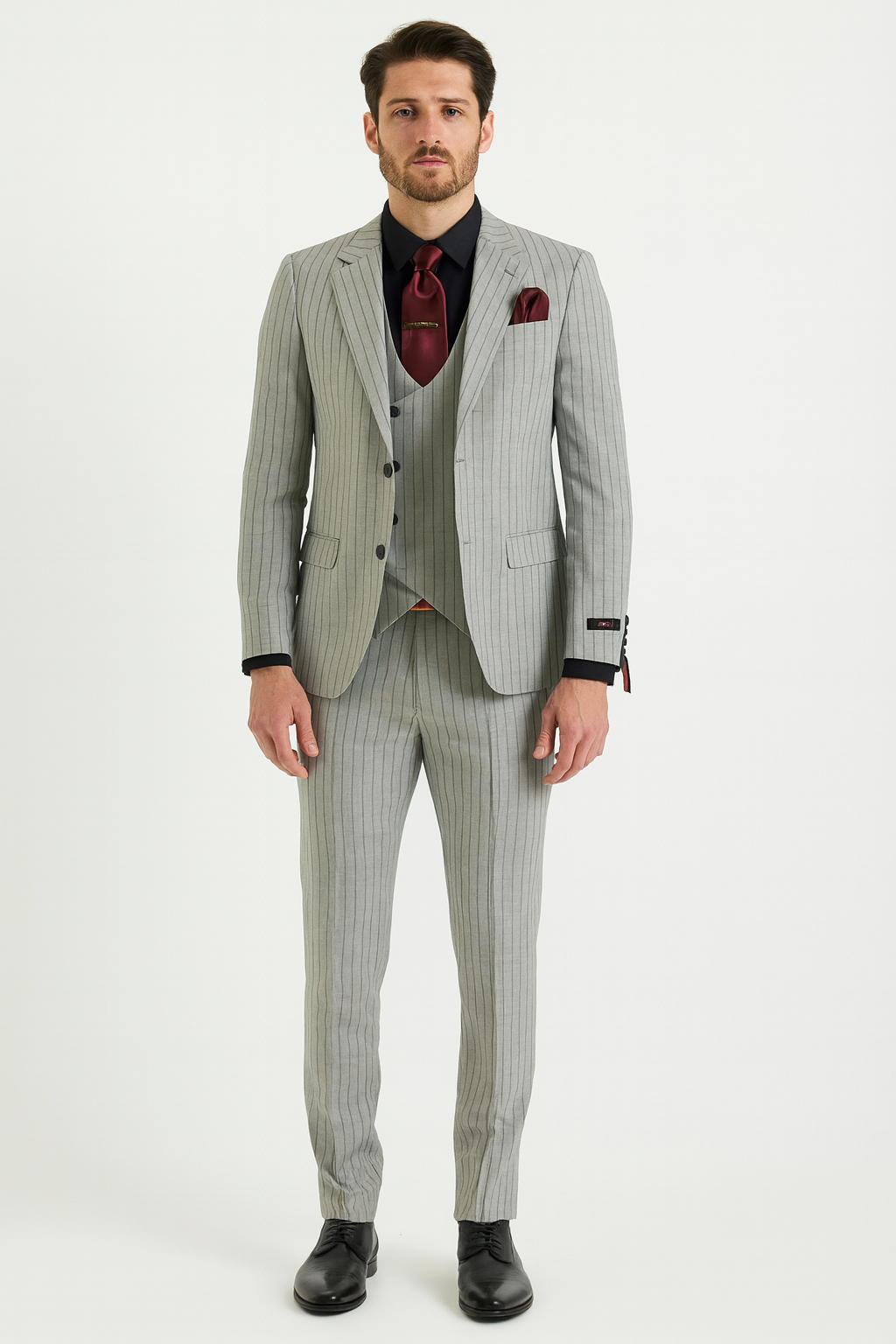 Mens 3-Piece Light Grey Pinstripe Suit with Vest Classic Business, Wedding, and Formal Attire - 34 Short or Extra Small