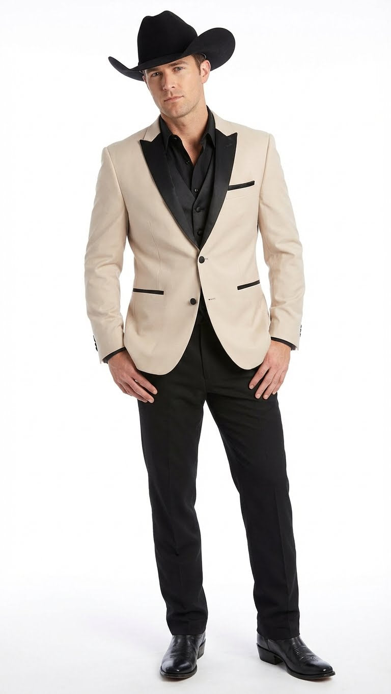 Men's Light Tan and Black Lapel Western Tuxedo Suit Set Wedding Party Cowboy Dress Tuxedo Black Pants - 34 Short or Extra Small