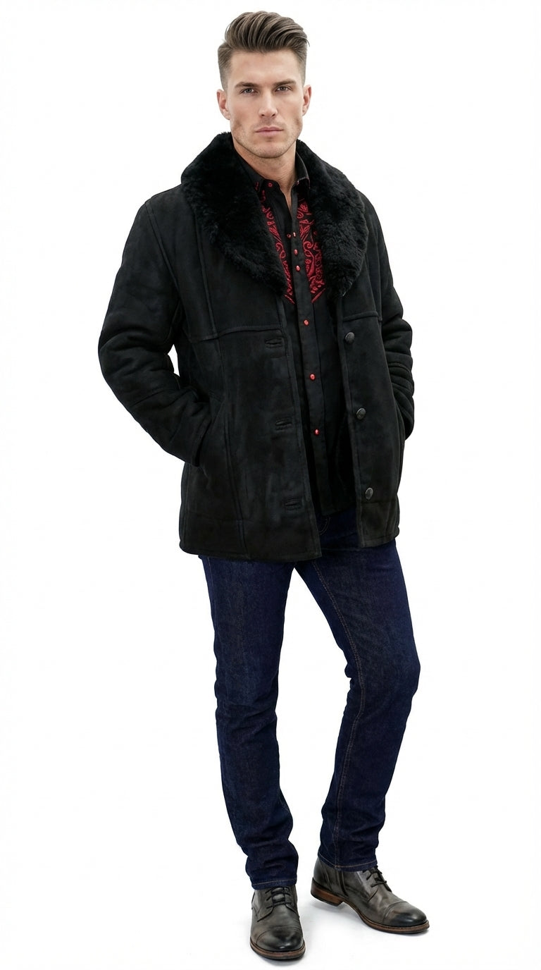 Men’s Black Sheepskin Leather Jacket Cowboy – Warm Faux Fur Collar Coat, Winter Long Jacket, Casual Western Style Outerwear - S
