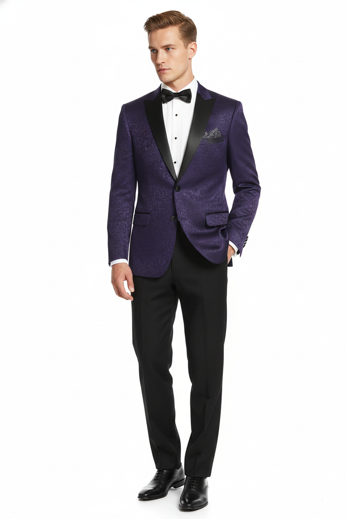 Mens Purple Paisley Tuxedo Jacket Ultra Slim Fit Dinner Blazer with Black Satin Peak Lapel