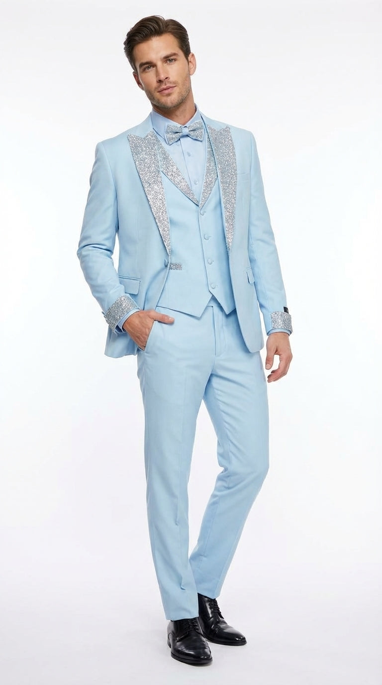 Men’s Light Blue Suit with Silver Glitter Lapel – Light Blue Formal Tuxedo Suit for Prom, Wedding and Special Occasion Wear in Sky Baby Blue - 34 Short or Extra Small