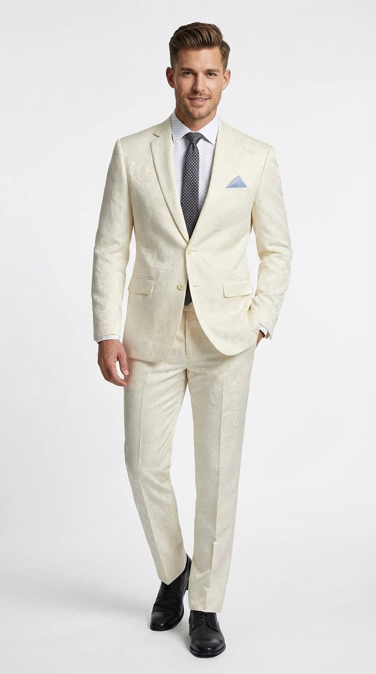 Men’s Ivory Paisley Shiny Suit – Flroal Formal Wedding and Prom Suit for Party, in Cream Off White - 34 Short or Extra Small