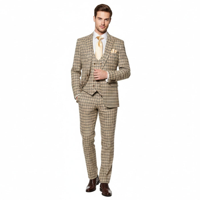 Mens Beige and Navy Check 3-Piece Suit Set Premium Tailored Fit Formal Wedding and Business Suit By Rossiman