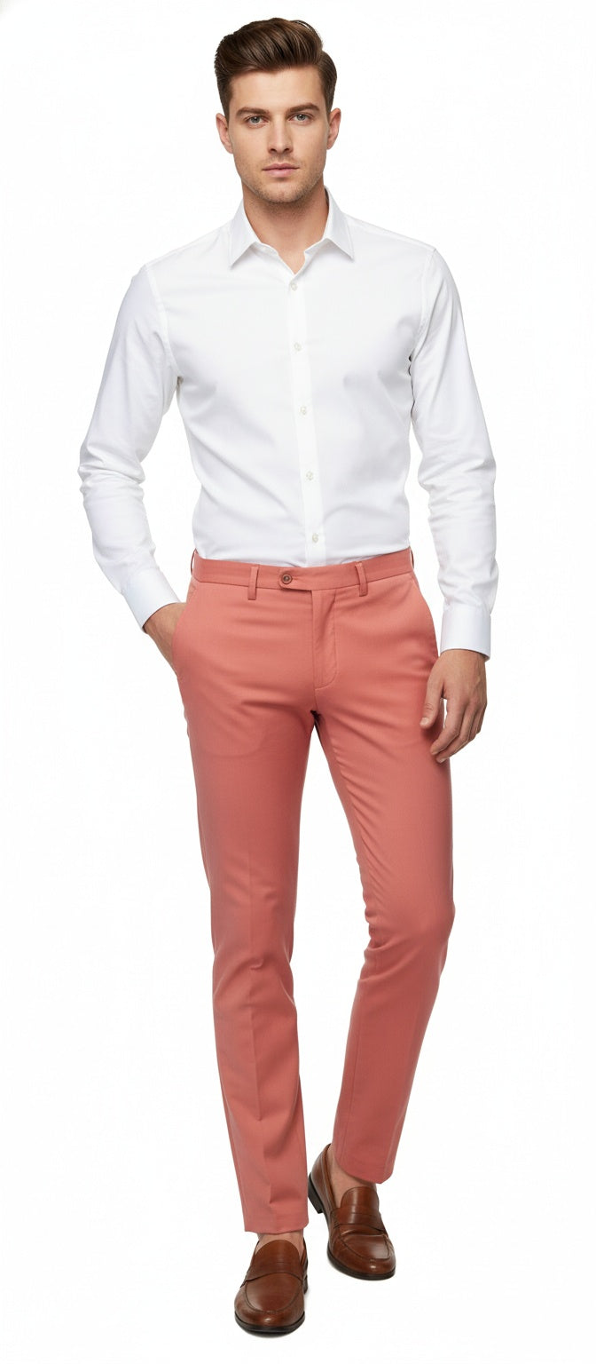 Mens Slim Fit Coral Pink Dress Pants Stylish Formal and Casual Trousers for All Occasions - dress size pants : 28 Unfinished bottom