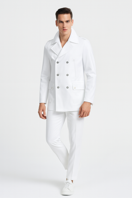 Mens White Double-Breasted Peacoat Jacket – Classic Stylish Outerwear Wool Fabric Slim Fitted