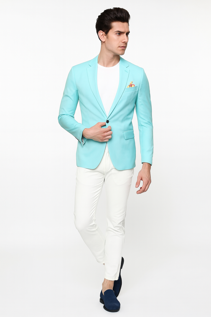 Mens Aqua Blazer Slim Fit One Button Suit Jacket with Stylish Floral Inner Lining - Light Turquoise
