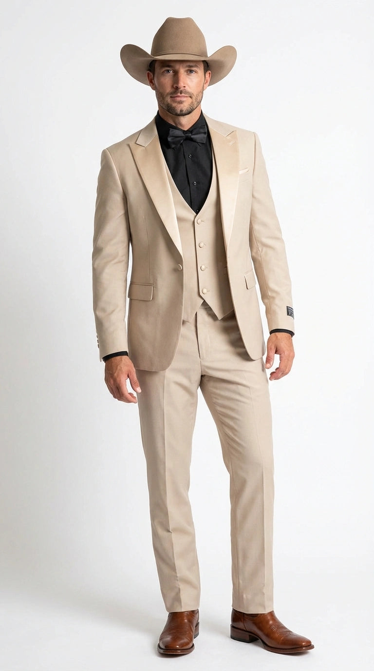 Mens Tan Cowboy Suit Western Formal Two Piece Suit for Weddings,  Champaign Sand Color - 34 Short or Extra Small