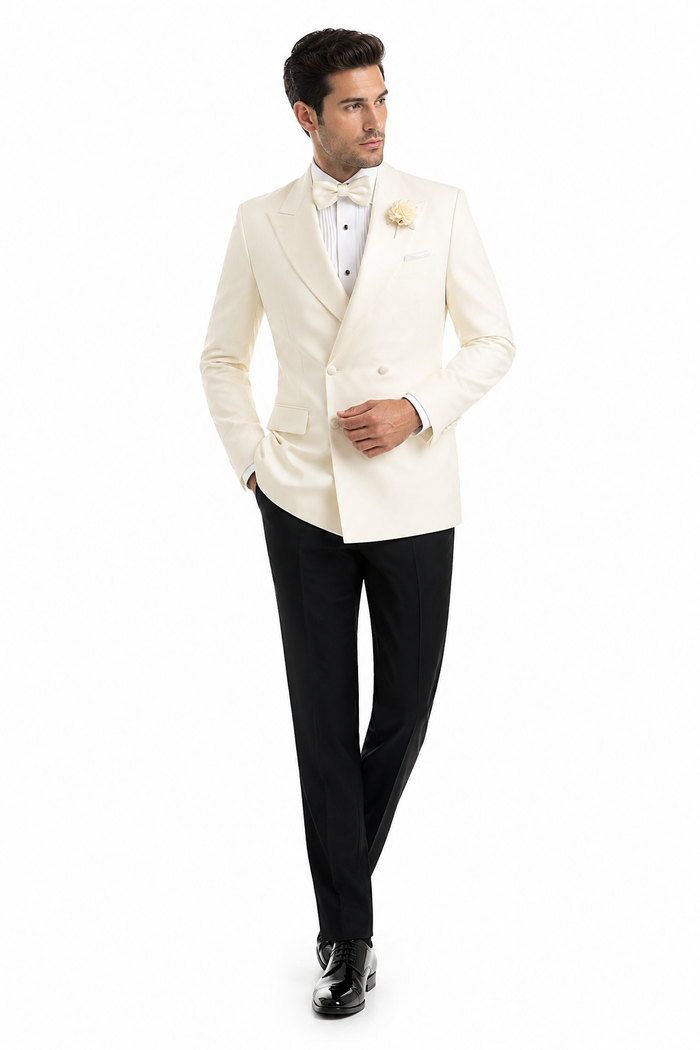 Men’s Ivory Double Breasted Dinner Jacket, Peak Lapel Formal Wedding Prom Tuxedo Blazer in cream off white color