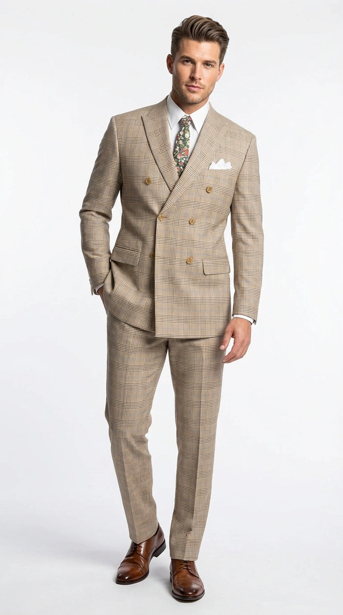 Vinci Mens Beige Plaid Double Breasted Suit Classic Checkered Formal Suit Set in Tan Color Windowpane Checkered Pattern