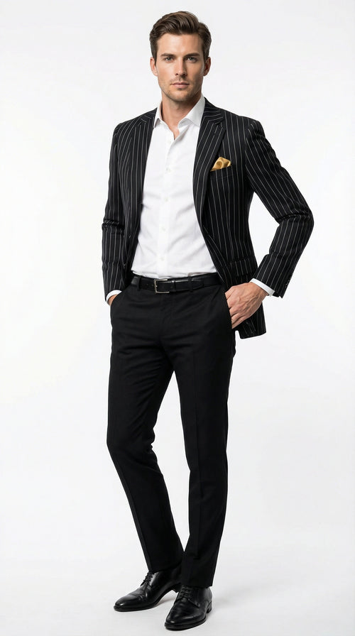 Mens Black Pinstripe Blazer Classic Tailored Formal Jacket for Business, Office and Evening Wear