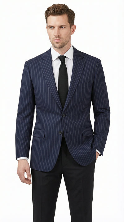 Mens Navy Blue Pinstripe Blazer Classic Tailored Formal Jacket for Business, Office and Professional Wear