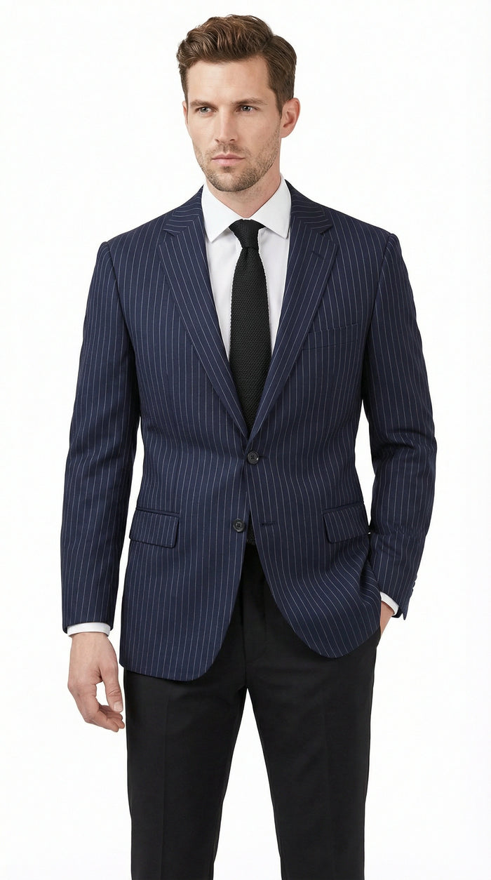 Mens Navy Blue Pinstripe Blazer Classic Tailored Formal Jacket for Business, Office and Professional Wear