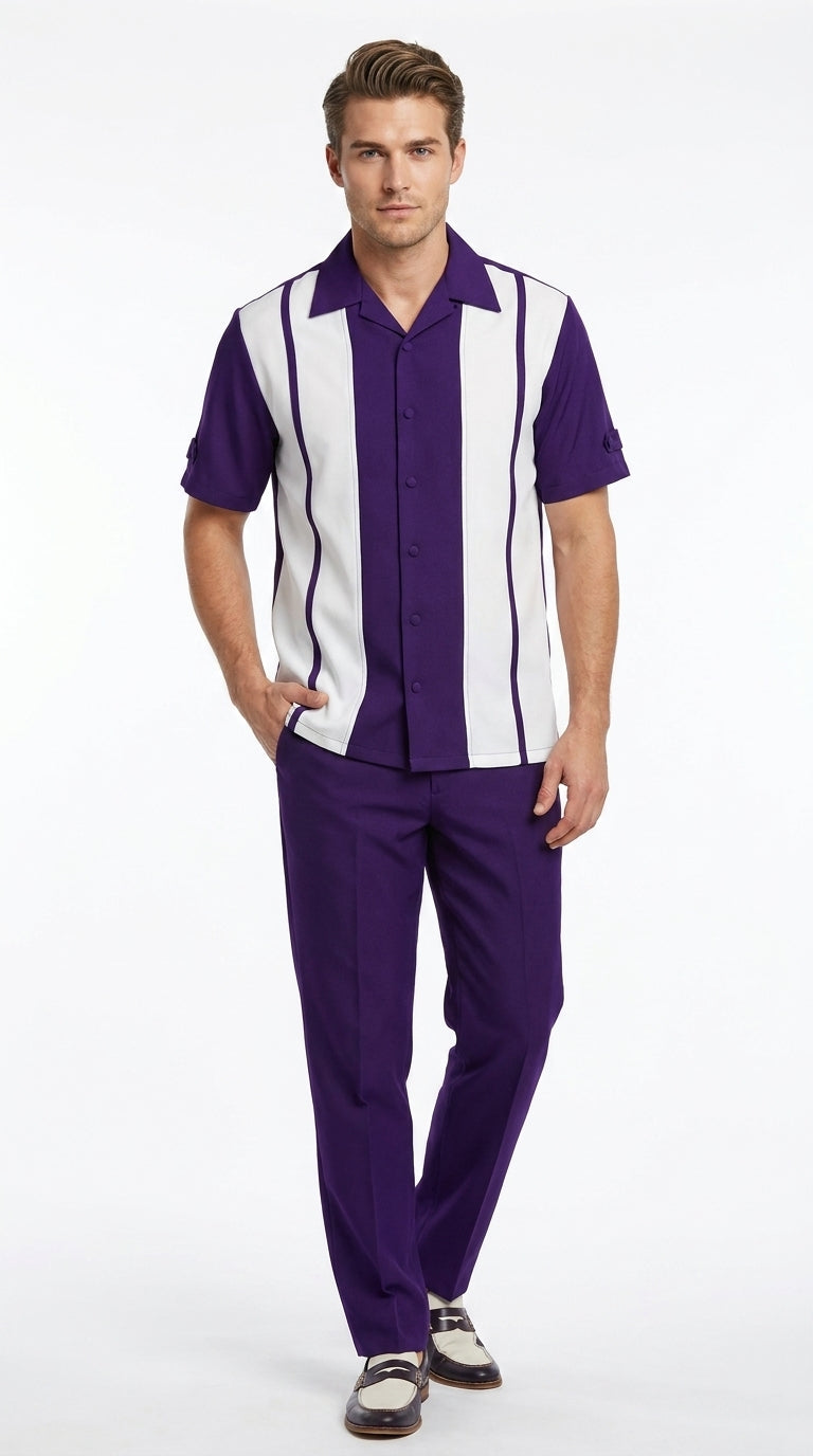 Men’s Purple and White Walking Suit – 2-Piece Short Sleeve Casual Leisure Outfit - Small