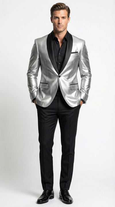 Mens Shiny Silver Blazer with Black Lapel Luxury Metallic Formal Jacket for Party, Evening and Special Events