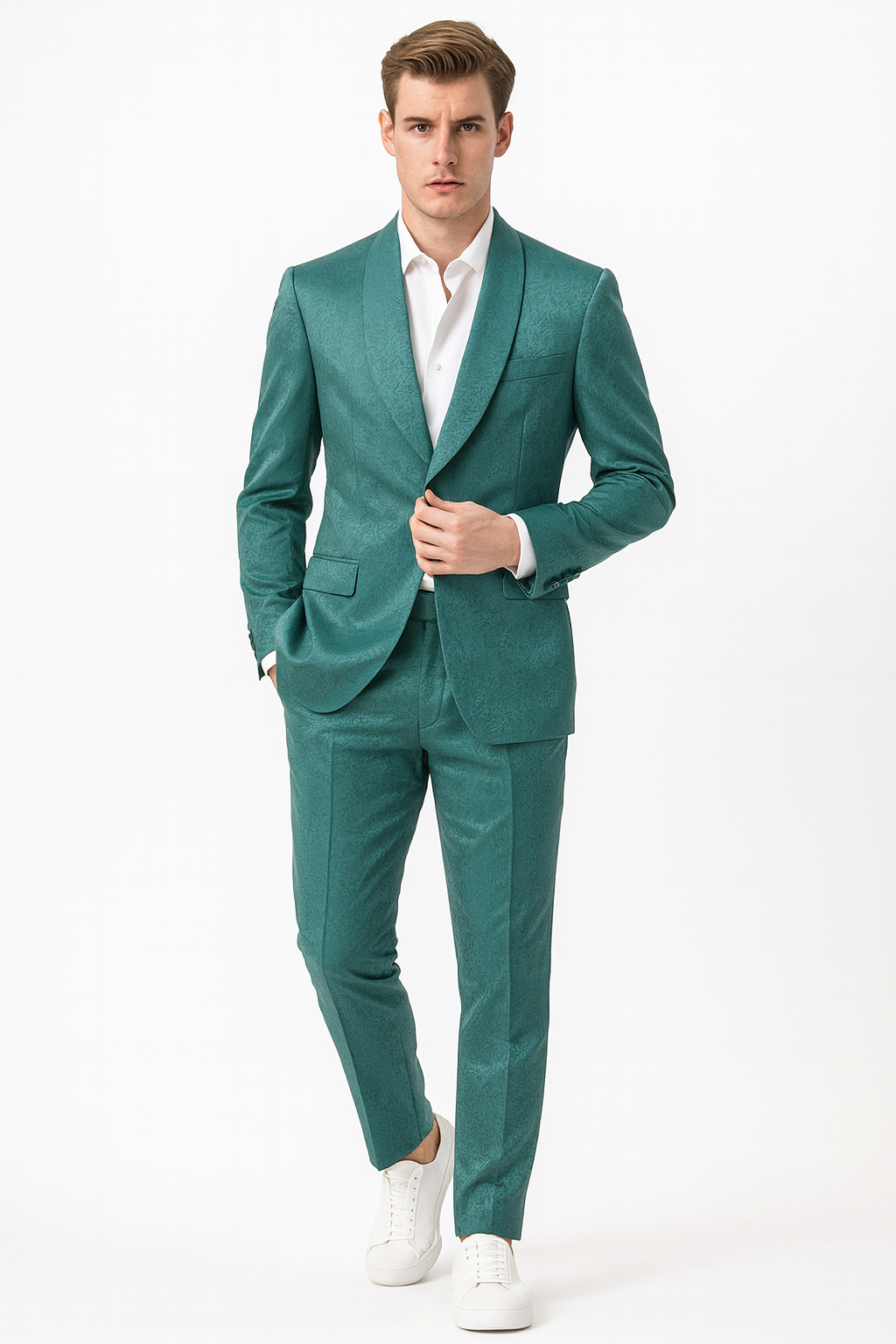 Menâ€™s Teal Green Floral Jacquard Blazer â€“ Slim Fit Tuxedo Jacket for Weddings, Proms, and Parties - 34 Short