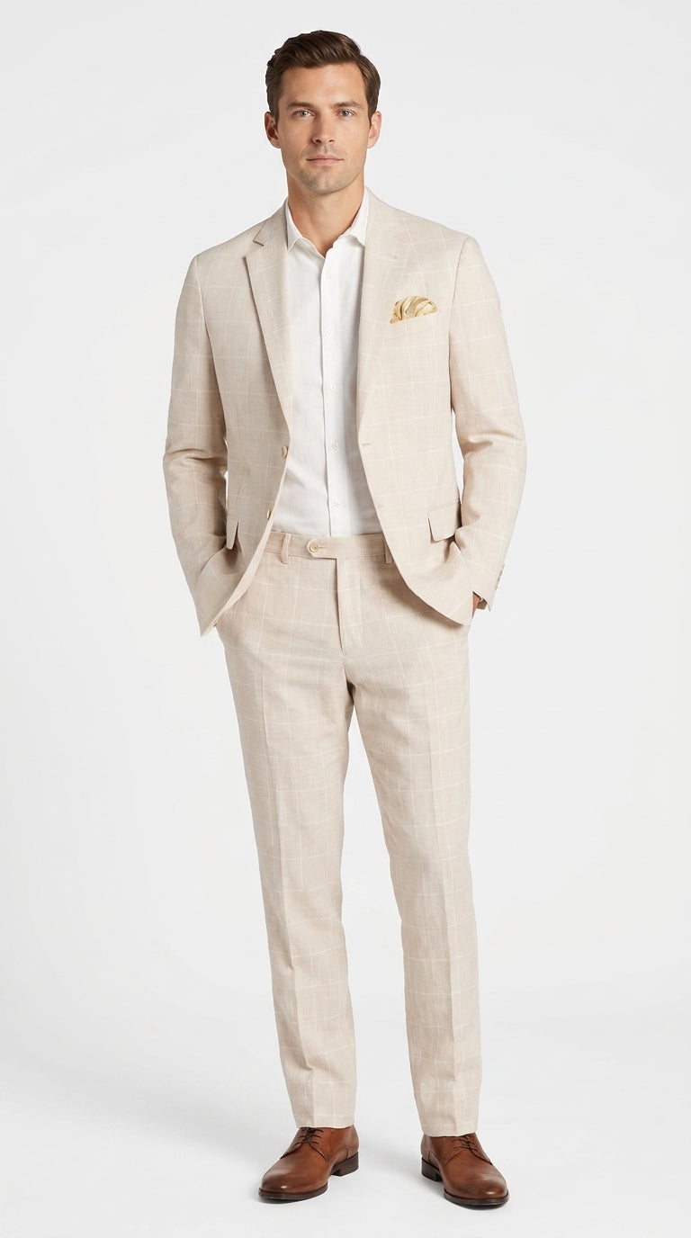 Men’s Big and Tall Beige Linen Suit – Summer Wedding and Formal 2-Piece Suit - 34 Short or Extra Small
