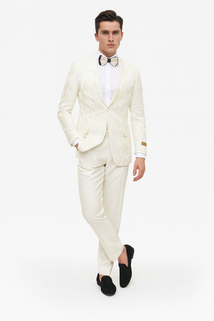 Mens Ivory Floral Embroidered Tuxedo Jacket Elegant Wedding and Party Blazer in Cream Color With Ivory Pants