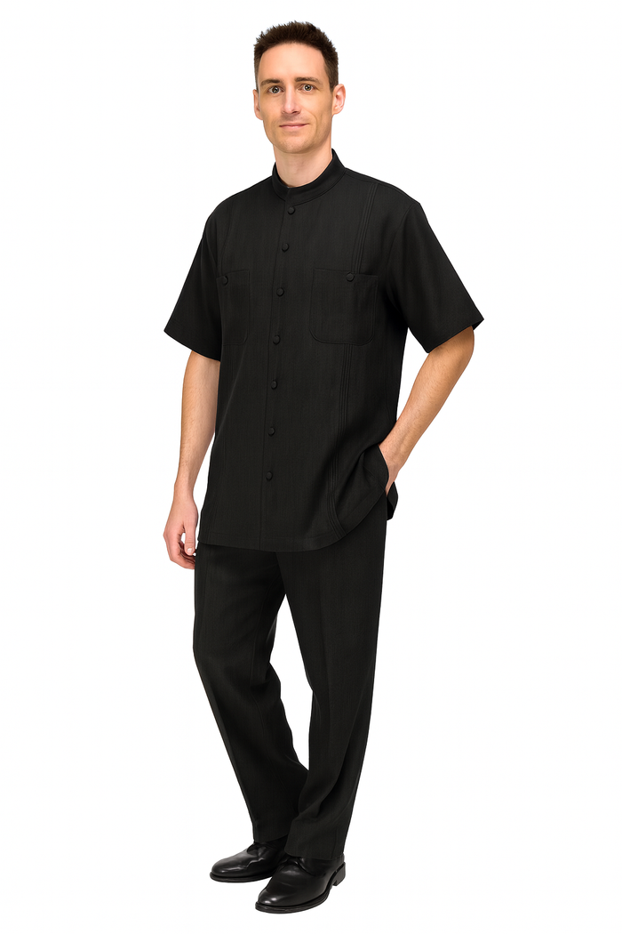 Mens Black Banded Collar Walking Suit Short Sleeve Shirt and Matching Pants Banded Collar Linen Fabric