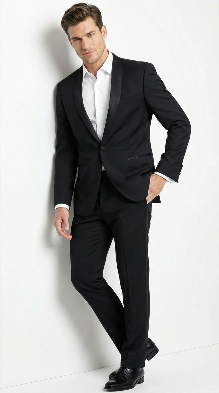 Tiglio Designer Mens Black Single Button Tuxedo Suit Formal Black Business and Wedding Suit Shawl Collar  Super 150's Wool Fabric