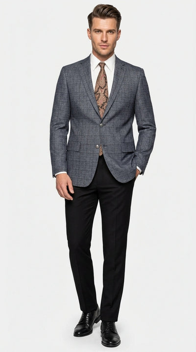 Mens Charcoal Gray Windowpane Check Blazer Classic Two Button Formal Sport Coat Jacket