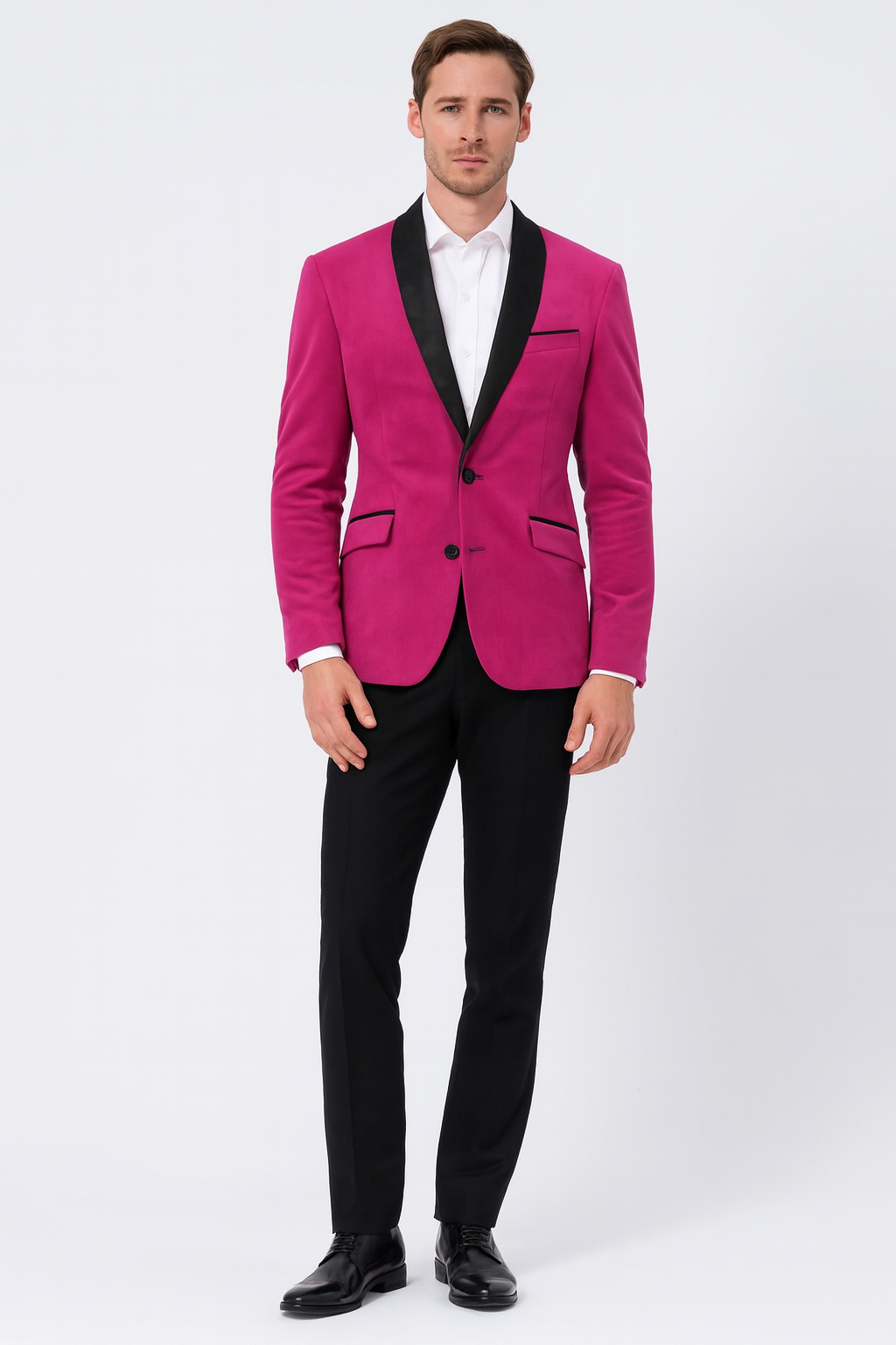 Mens Fuchsia Tuxedo Blazer with Black Satin Lapel â€“ Stylish Party and Wedding Jacket in Hot Pink Color with Black Pants
