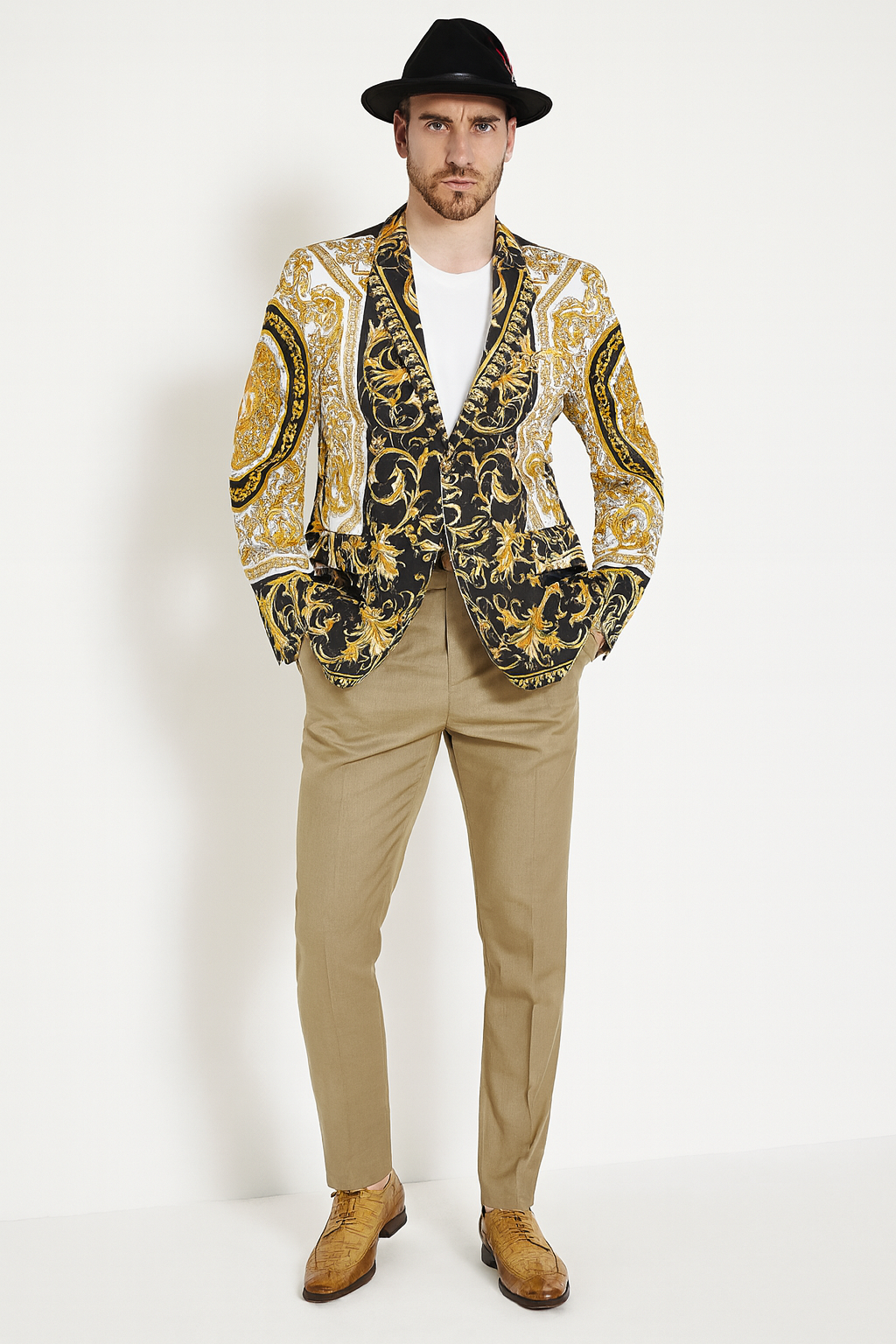 Men’s Black and Gold Baroque Blazer with Matching Pants, Hat, and Shoes – Luxury Party and Wedding Outfit Set - 36 Short