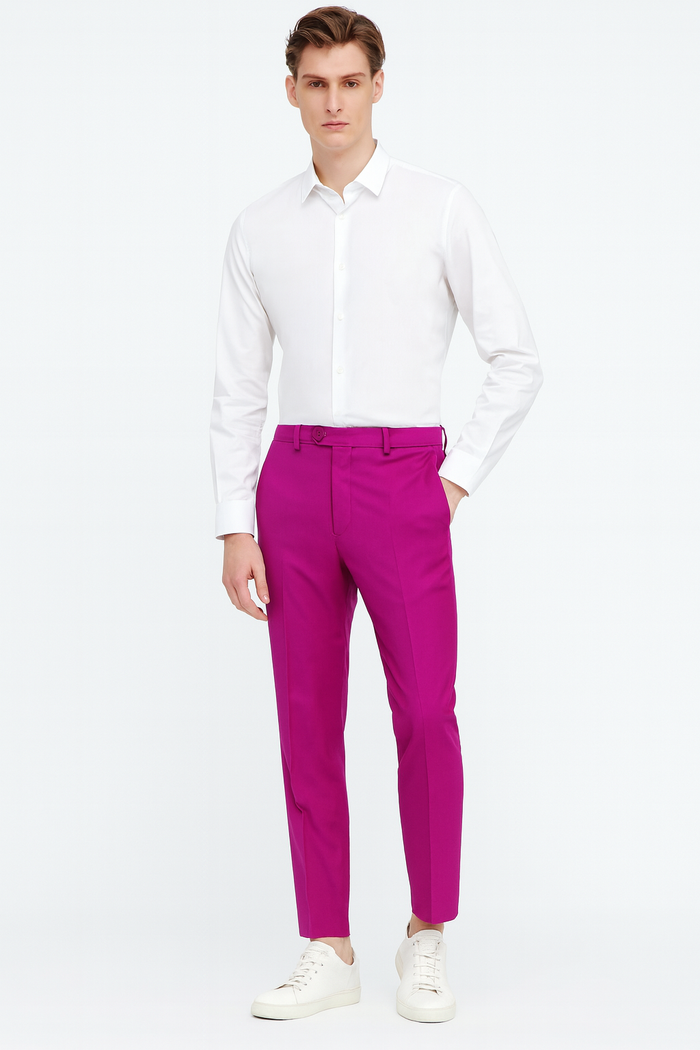 Mens Fuchsia Dress Pants Slim Fit Stylish Formal Trousers for Parties in Hot Pink Color