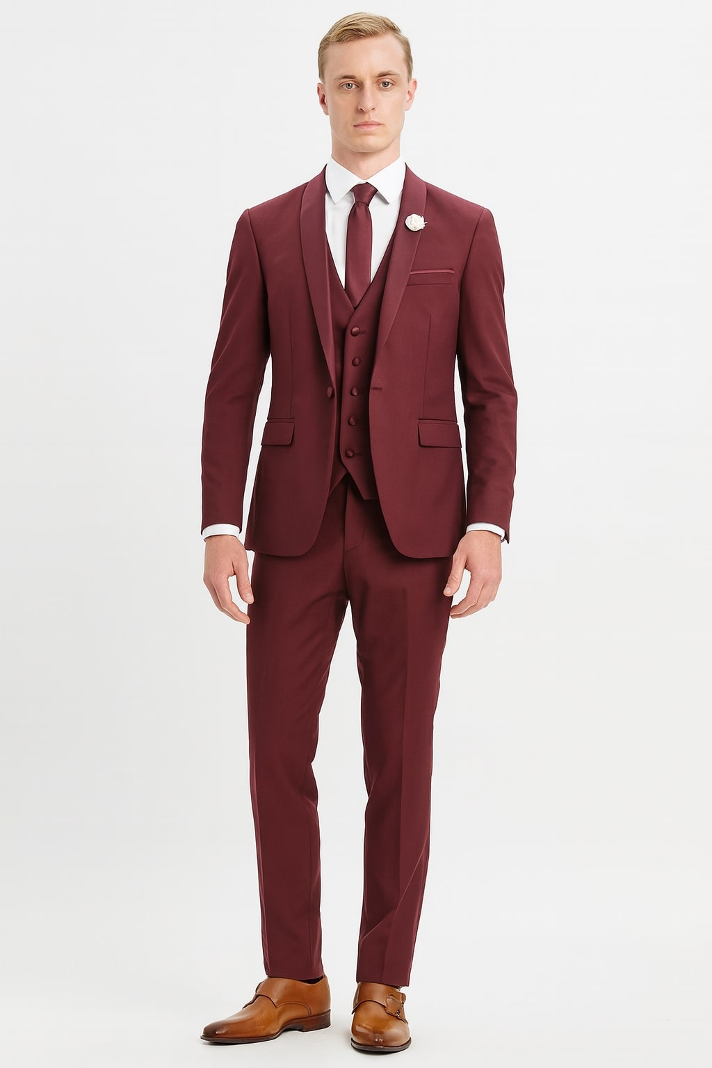 Mens 3-Piece Burgundy Slim Fit Suit with Vest – Wedding, Prom and Formal Wear - 34 Short or Extra Small