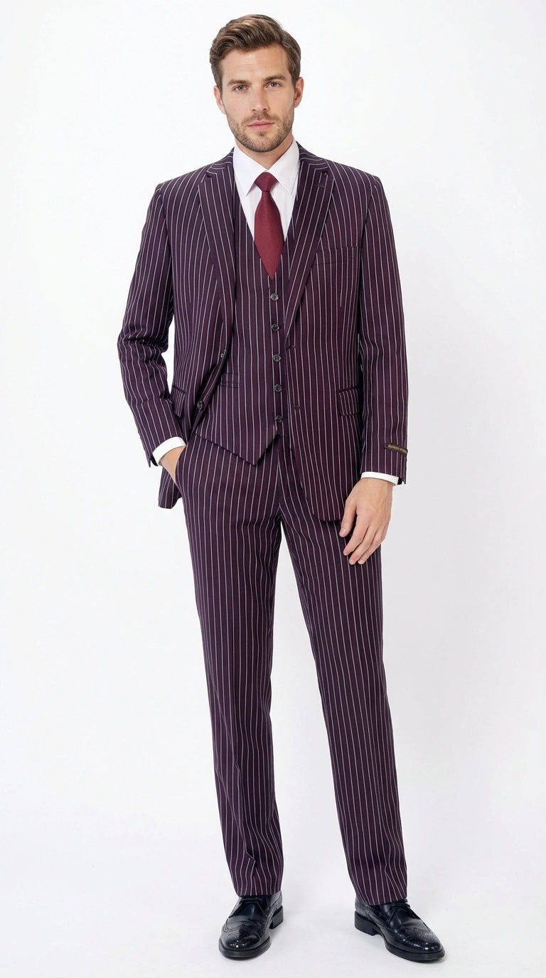 Men’s Plum Eggplant Pinstripe 3 Piece Suit – Burgundy Purple Formal Suit  Gangster 1920s Mafia Pimp Suit - 34 Short or Extra Small
