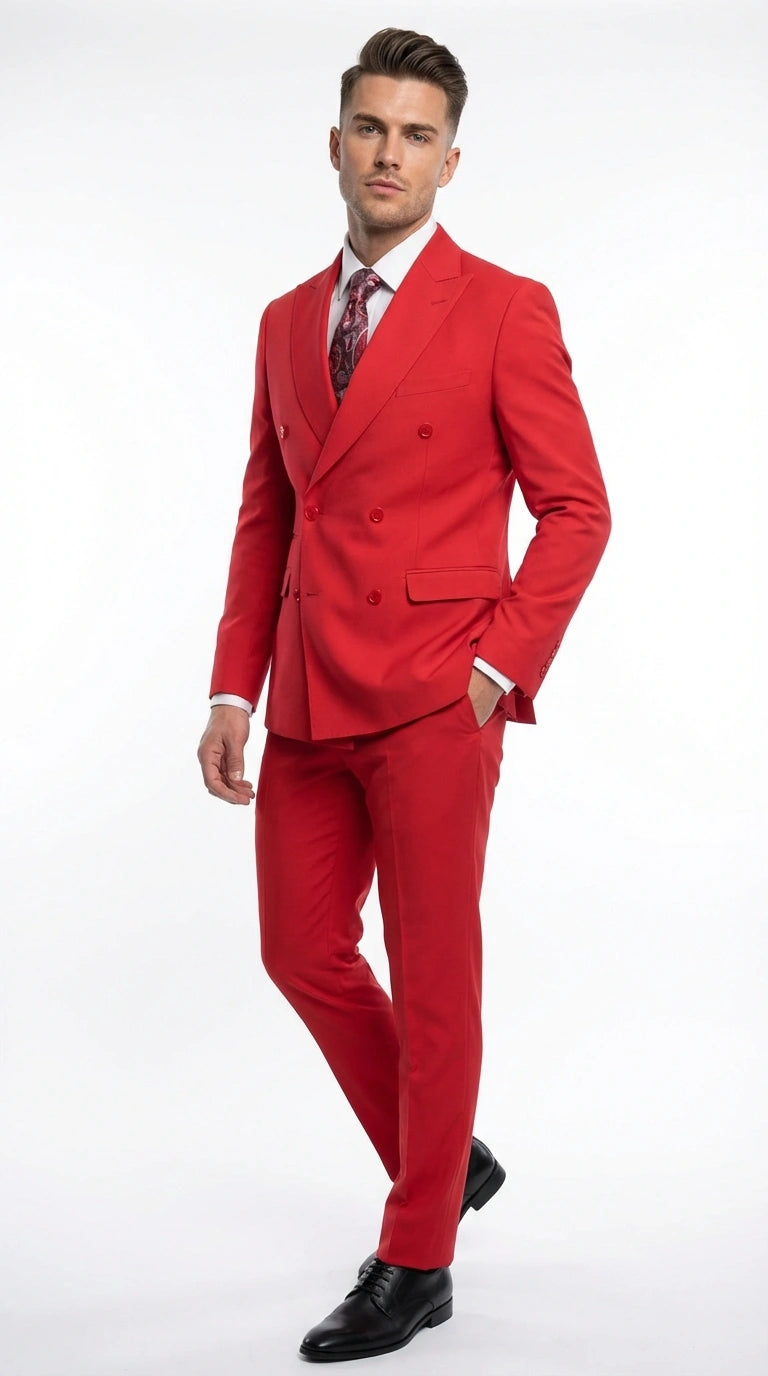 Vitali Red Double Breasted Suit Mens 2 Piece Formal Suit for Wedding, Prom and Special Events Modern Fit - 34 Short or Extra Small