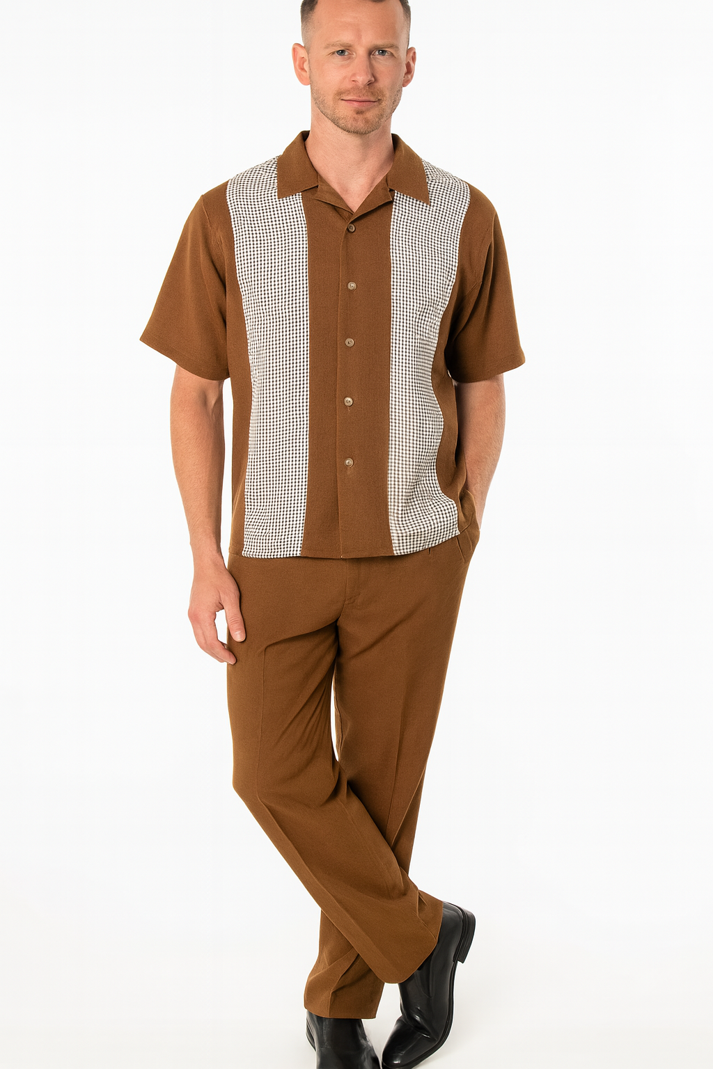 Men’s Cognac Tan Two-Piece Outfit – Short Sleeve Button-Up Shirt and Pants Set - S