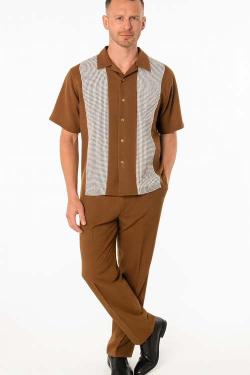 Mens Cognac Tan Two-Piece Outfit â€“ Short Sleeve Button-Up Shirt and Pants Set