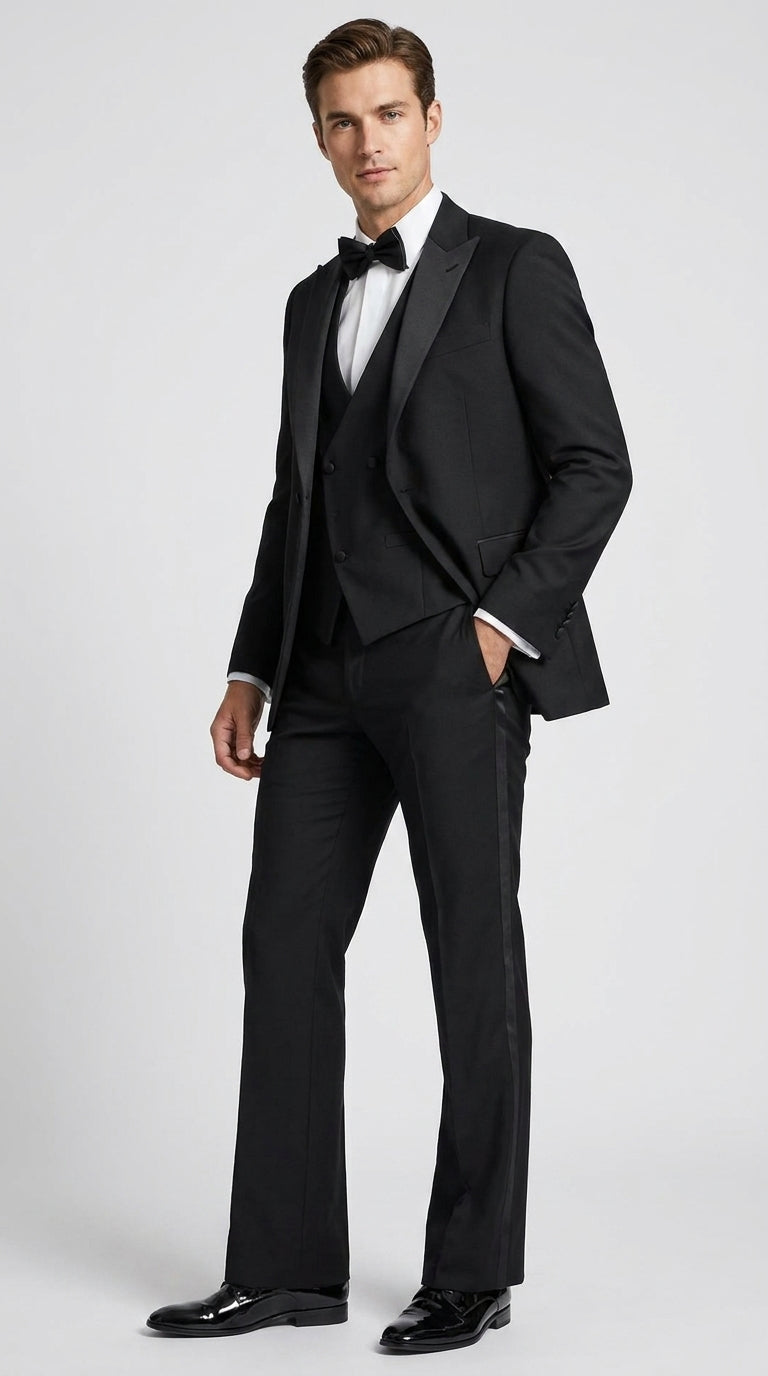 Men’s Black Boot Cut 3-Piece Tuxedo Suit – Peak Lapel Wedding, Prom and Formal Suit 1970s Style - 34 Short or Extra Small