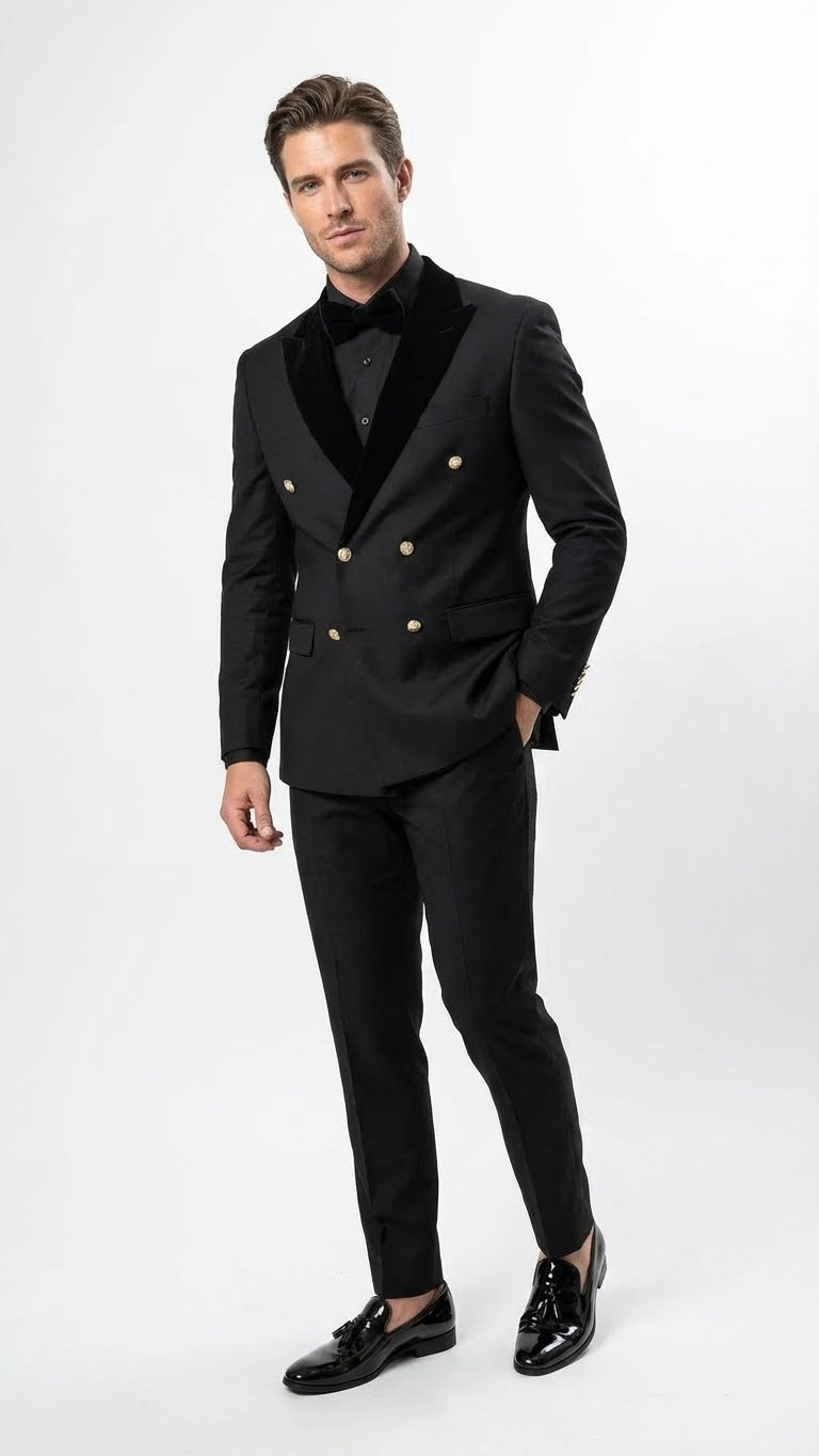 Men’s Black Double Breasted Tuxedo Suit – Luxury Formal Dinner Jacket Gold Buttons Velvet Lapel - 34 Short or Extra Small