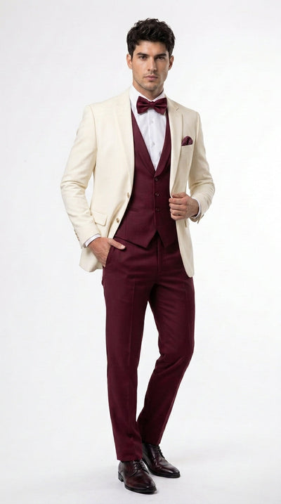 Men’s Cream Ivory and Burgundy 3 Piece Tuxedo Suit, Vested Formal Wedding Prom Dinner Suit in Cream Off White Color