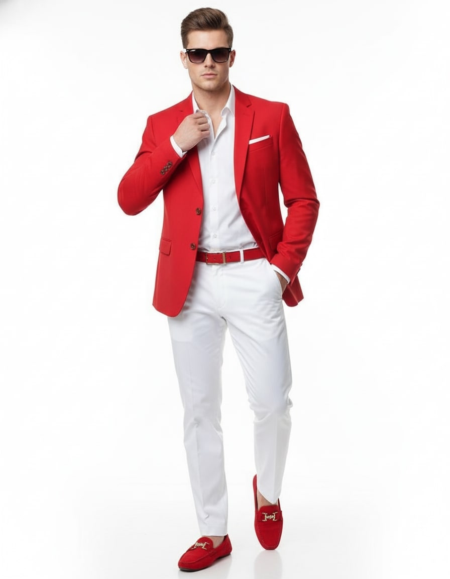 Mens Red Blazer and White Pants Set – Stylish Casual Dress Outfit For New Year Holiday and Christmas Suit - 36 Short