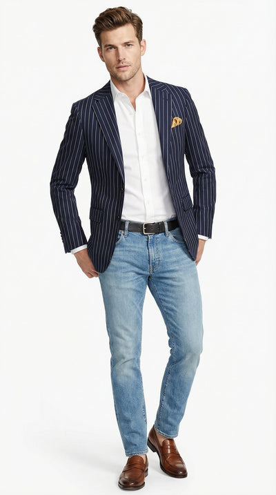 Mens Navy Blue Pinstripe Blazer Classic Tailored Formal Jacket for Business, Office and Smart Casual Wear