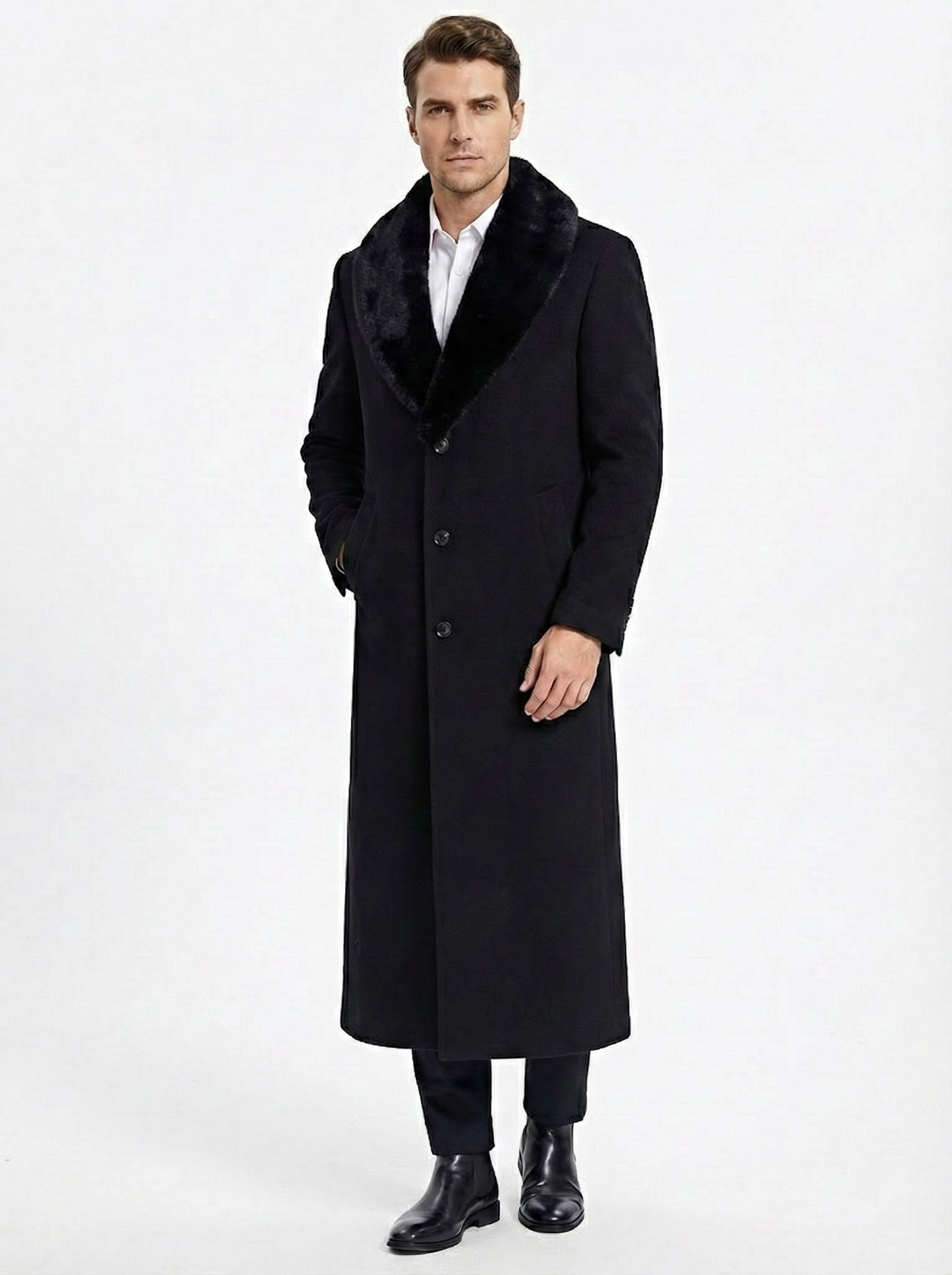 Men’s Black Long Overcoat with Faux Fur Collar, Full Length Winter Topcoat for Formal and Business Wear - Coat Size 38