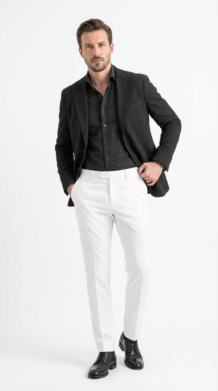 Mens Black Seersucker Blazer - Textured Two-Button Notch Lapel Formal & Summer Sport Jacket in Black Tone-on-Tone Cotton Fabric