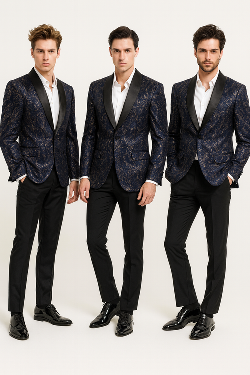 Mens Navy Blue Sequin Tuxedo Jacket with Black Satin Shawl Lapel – Luxury Prom and Wedding Blazer