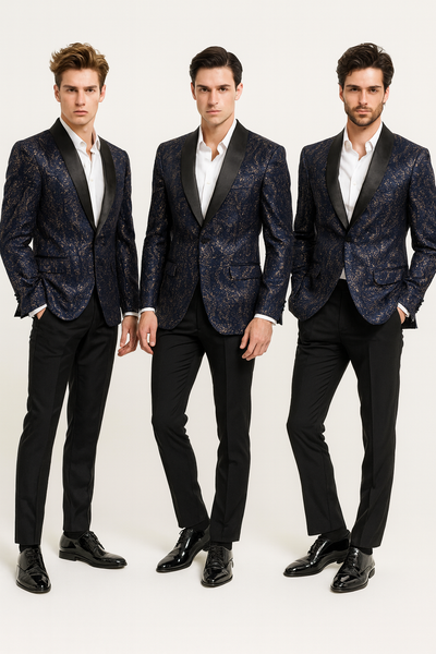 Mens Navy Blue Sequin Tuxedo Jacket with Black Satin Shawl Lapel – Luxury Prom and Wedding Blazer