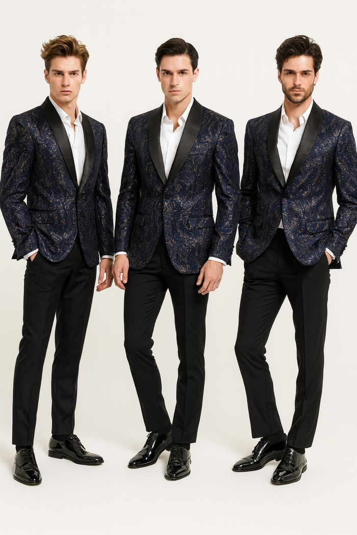 Mens Navy Blue Sequin Tuxedo Jacket with Black Satin Shawl Lapel – Luxury Prom and Wedding Blazer
