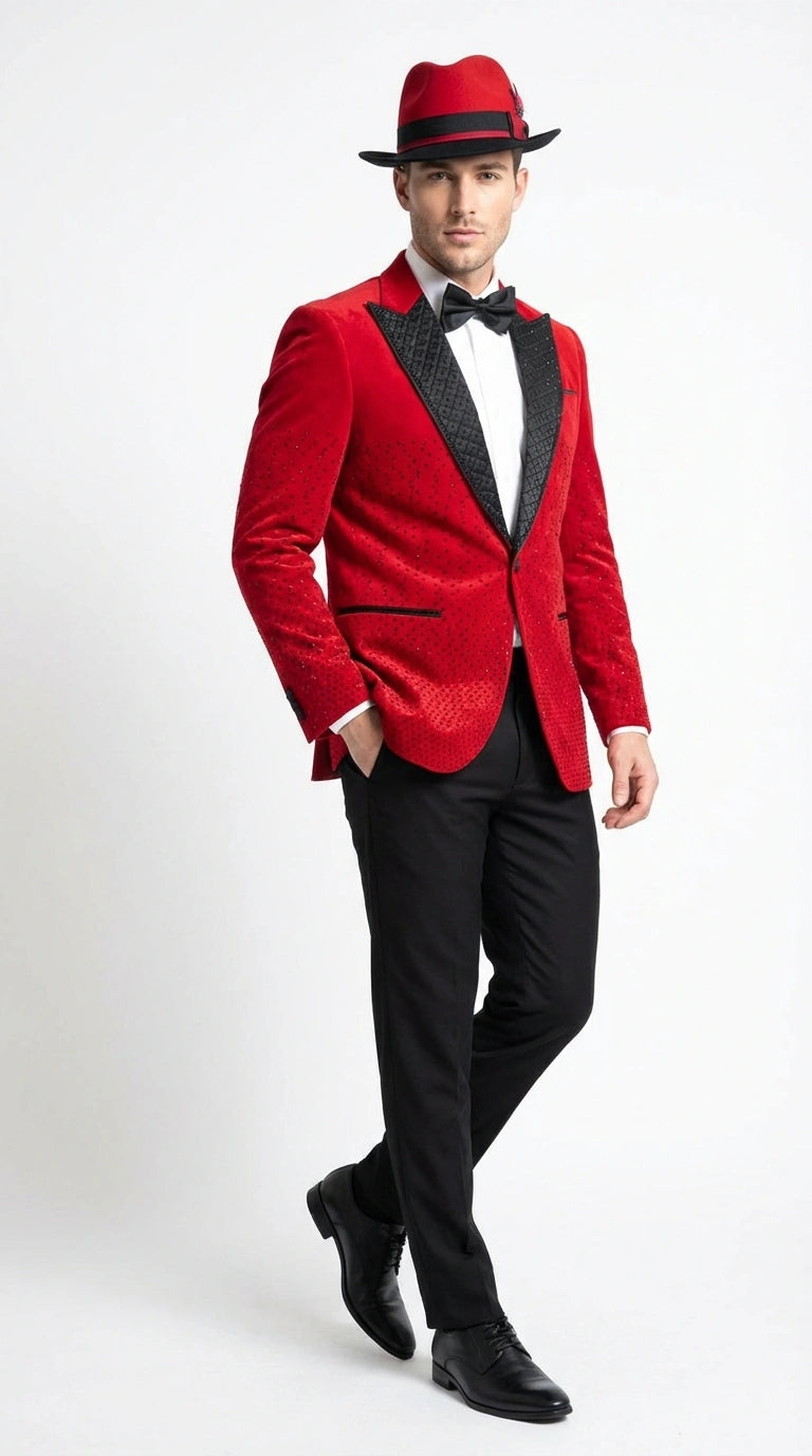 Men’s Red Velvet Fabric Rhinestone  Blazer with Matching Red and Black Hat – Christmas New Year Holiday Party Jacket Set - 36 Short
