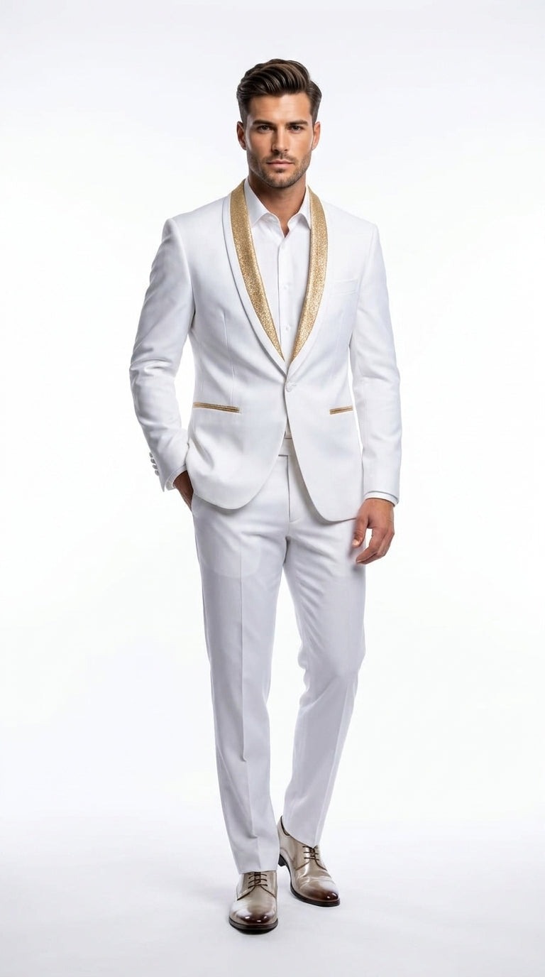 Men’s White and Gold Lapel 2-Piece Tuxedo Suit with Gold Glitter Shawl Lapel – Wedding, Prom and Dinner Jacket - 34 Short or Extra Small