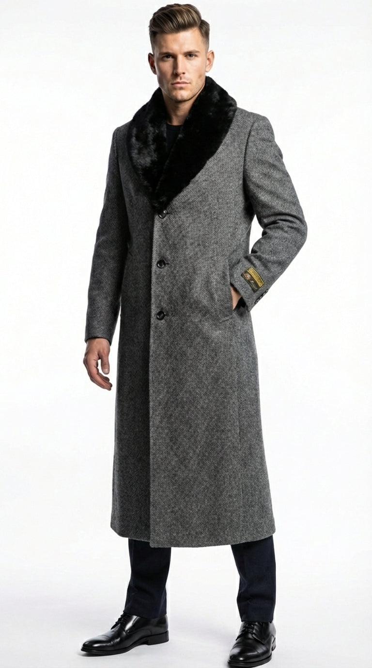 Men's Grey Herringbone Tweed Long Overcoat with Black Faux Fur Collar, Classic Winter Topcoat
